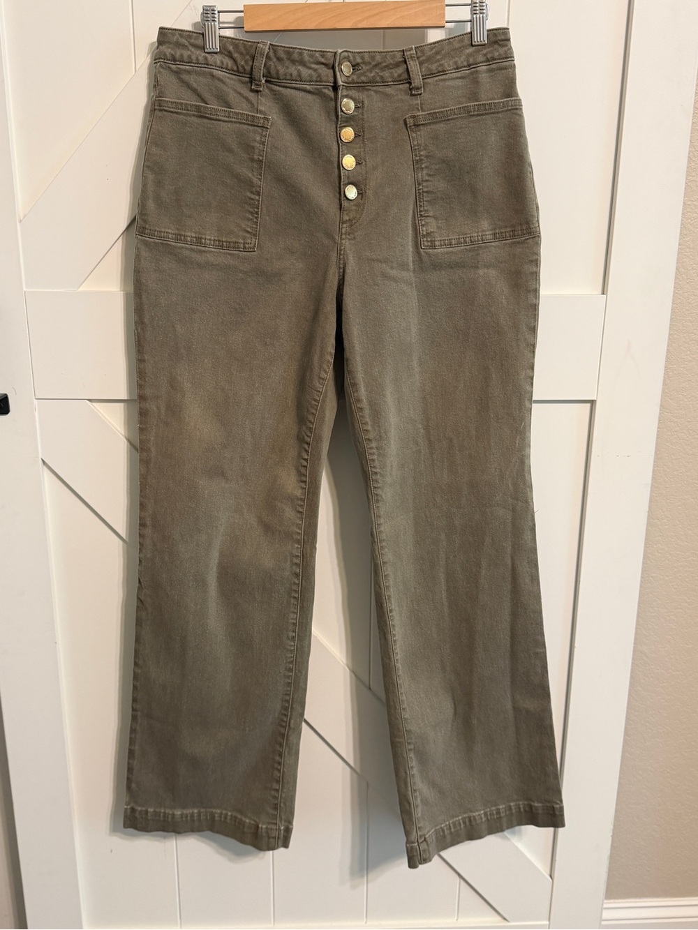 Michael Kors Olive Green Wide-Leg Button-Fly Jeans Women’s 10 Utility Pockets